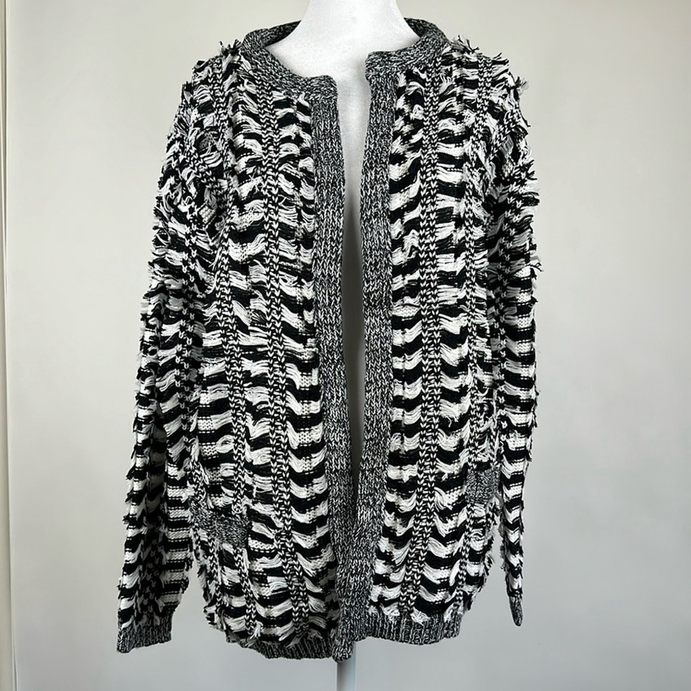 Endless Rose Black & White Fringe Open Front Striped Cardigan Sweater Size S/M